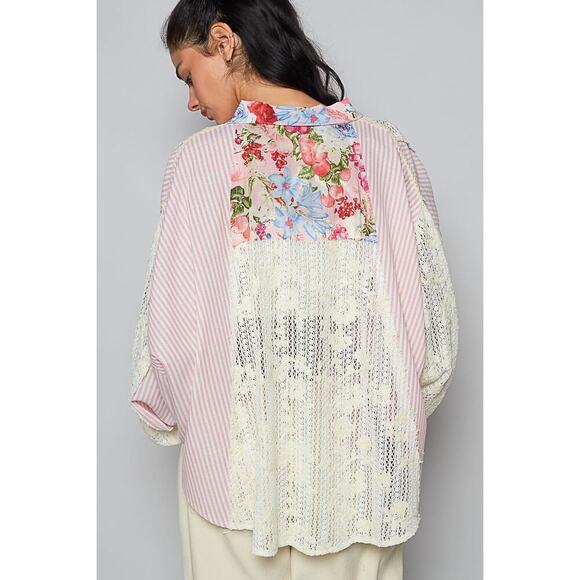 POL Pink Multi Lace Button Front Top - Picture 3 of 4